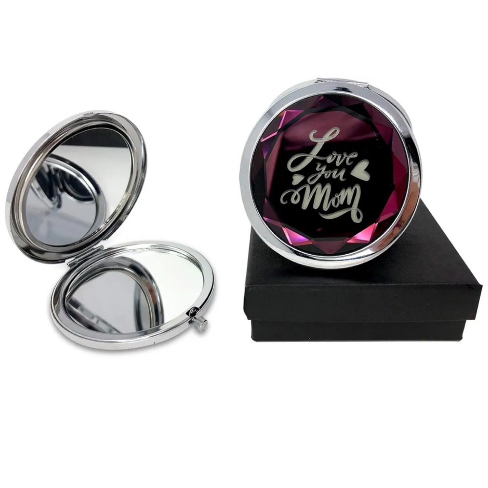 Retro Metal Travel Makeup Mirror 1x/2x Magnifying Compact "Love You Mom" - Picture 1 of 9